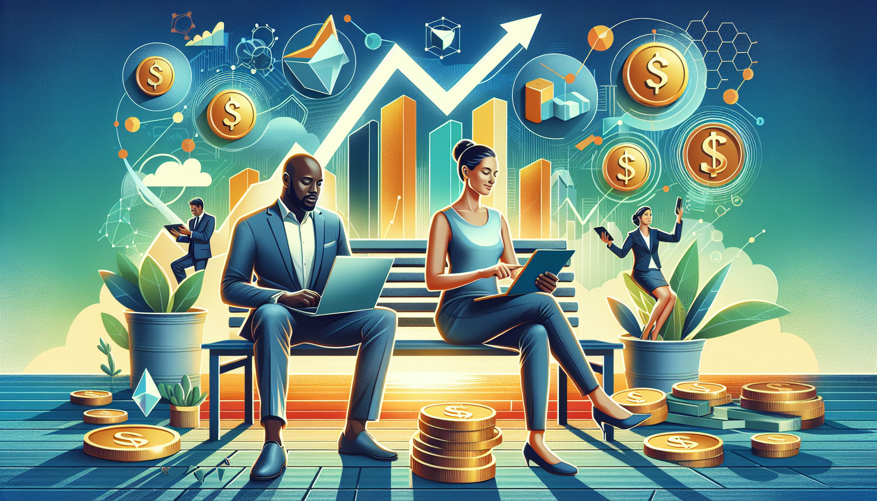 Create an image that illustrates people engaging in various passive income activities. Show a person checking dividend stocks on their laptop, another reviewing their earnings from real estate crowdfunding on a tablet, and some financial icons (like money, arrow showing growth, and investment platforms) in the background. Make sure the scene conveys a relaxed and leisurely setting, emphasizing that these income streams don