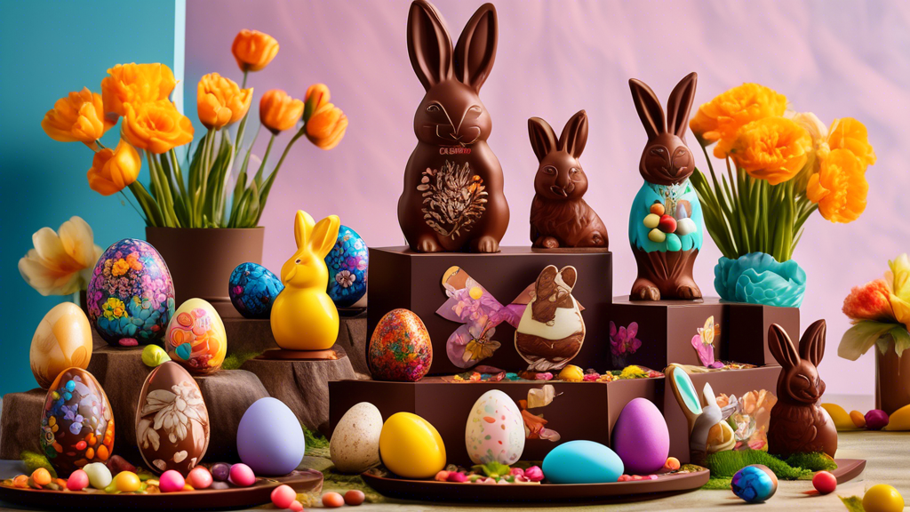 An artistic display of the top Easter chocolate trends for 2023, featuring a visually stunning arrangement of innovative chocolate designs including artisanal Easter bunnies, beautifully crafted chocolate eggs, and organic, fair-trade chocolates in vibrant, festive packaging. The scene is set with a backdrop that highlights a springtime Easter theme, embellished with colorful flowers and Easter decorations, emphasizing the popularity and consumer resonance of these products.