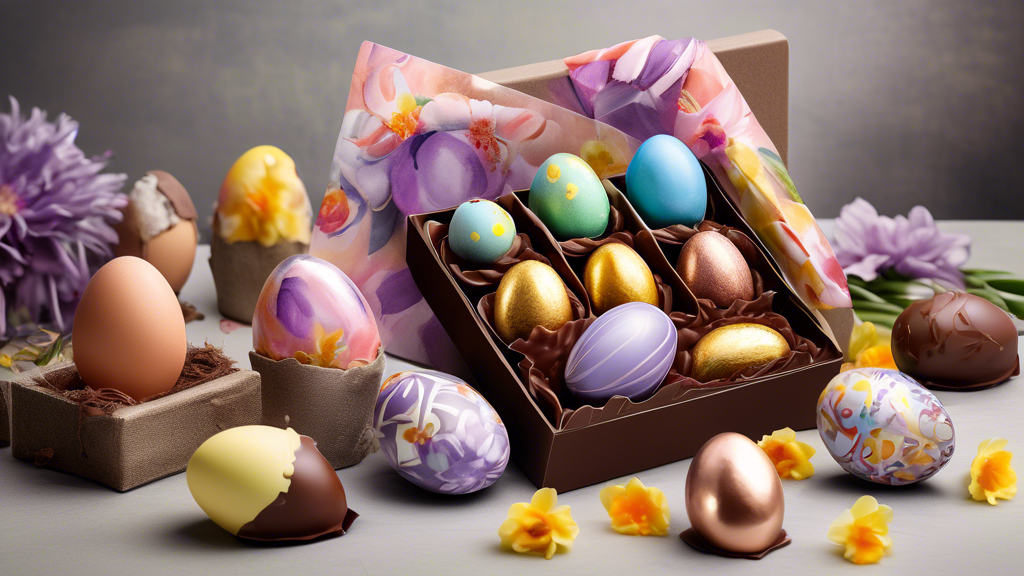 An artistic display of the best Easter chocolate picks for gifting and enjoyment in 2023, featuring a variety of luxury chocolates, budget-friendly options, and unique finds elegantly arranged in a festive Easter setting with colorful eggs and spring flowers, highlighting their special features such as custom packaging and exclusive ingredients.