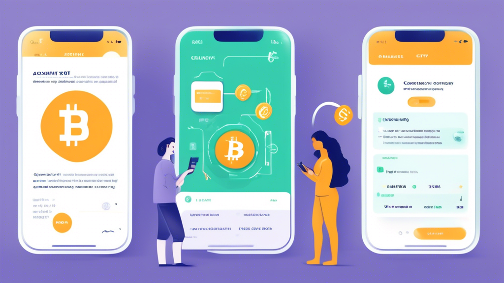Prompt for DALL-E: A step-by-step guide illustration showing a user setting up their account on a crypto app, making their first cryptocurrency purchase, and managing their investments. The scene should be friendly and accessible, featuring a smartphone screen with clear and easy-to-understand instructions, icons for popular cryptocurrencies, and a thriving user interface. Include elements like checkmarks, helpful tips pop-ups, and pie charts or graphs representing investment performance.