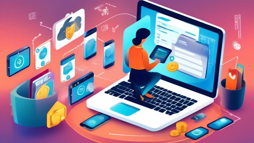 Create an image that shows a user securely making online transactions on various devices (laptop, phone, tablet). The user should be actively engaging with secure payment gateways, updating software settings, and using multi-factor authentication. Include visual elements such as locks, encryption symbols, and warnings about phishing scams to emphasize best practices for maintaining financial privacy in online transactions. Make sure the background represents a safe and secure digital environment.