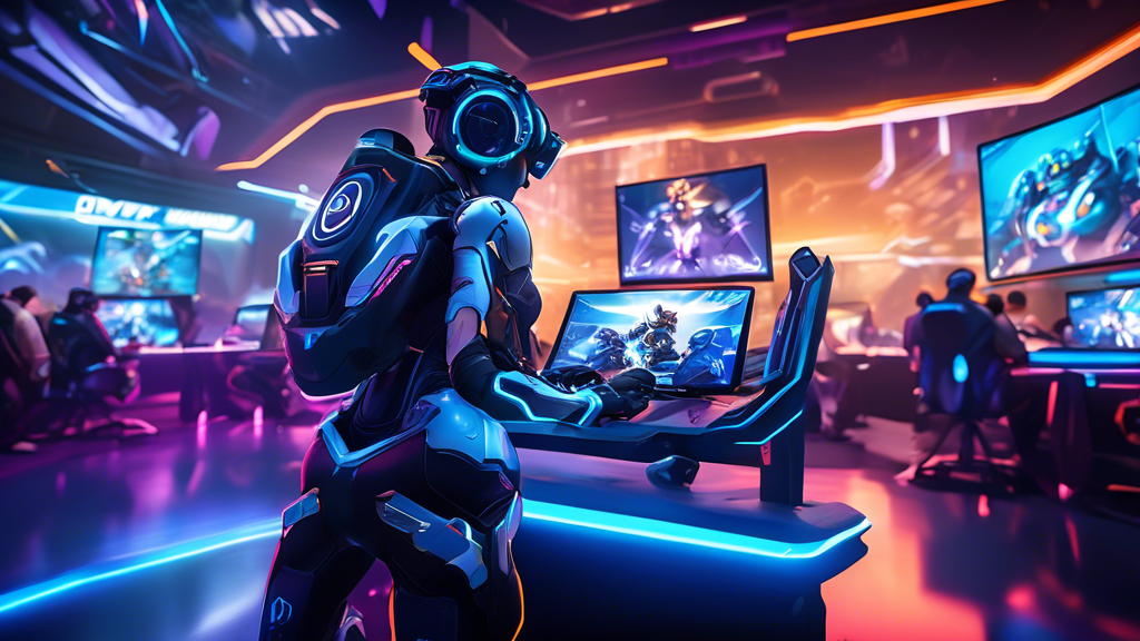 Create an image that depicts the future of competitive gaming inspired by the Overwatch tournament. Illustrate a high-tech esports arena featuring advanced holographic displays, futuristic gaming equipment, and excited fans in a vibrant, immersive atmosphere. Emphasize the evolving landscape of competitive gaming with players using innovative strategies and cutting-edge technology. Include visual elements that signify the Overwatch tournament