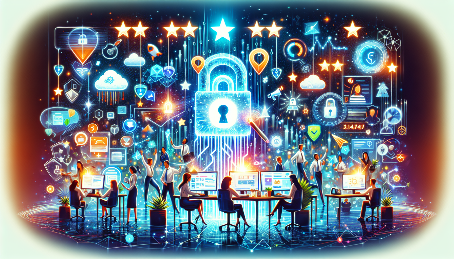 An image depicting the security measures and user support system of MEXC Global Exchange. Show a secure and modern office environment with advanced cyber security elements like encrypted data and firewalls. Include visuals of customer support representatives assisting users through various channels such as live chat, email, and phone. Also, incorporate user reviews and rating stars to emphasize positive feedback and satisfaction.
