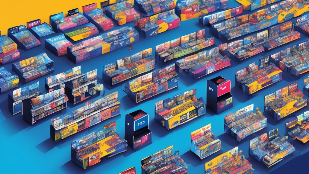 Create a vibrant and detailed illustration showing a comparison of PS4 VR prices across different retailers. Include Amazon, Best Buy, and Walmart logos, as well as imagery representing online marketplaces like eBay and Craigslist. Feature local and specialty gaming store signs with a diverse array of people looking at price tags and considering their options. Use a balanced mix of digital screens and physical store representations to convey the comparison of retailers.