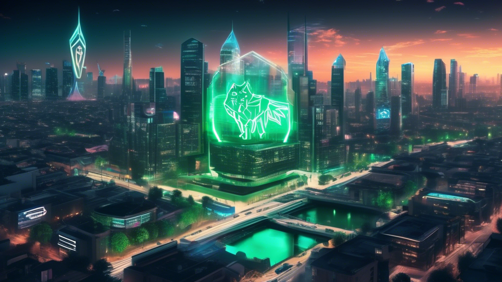 Create an image of a high-tech, futuristic cityscape at dusk, with prominent digital billboards showing the logo of Crypto Wolf Finance. The city is bustling with activity, featuring modern architecture and green spaces. In the sky, holographic projections highlight emerging trends, potential growth opportunities, and market expansions related to Crypto Wolf Finance. The overall vibe should be optimistic and forward-looking, capturing the long-term benefits and promising future prospects for investors.