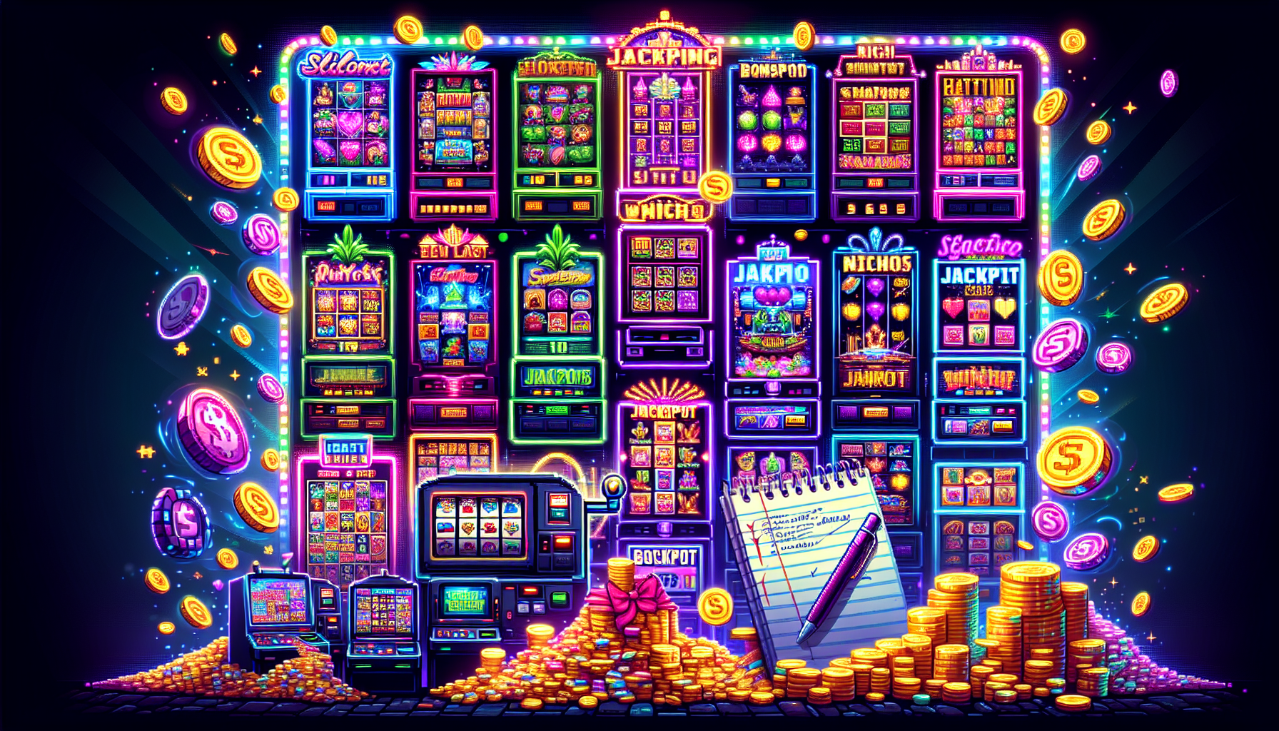 Create an image showcasing a vibrant, dynamic collage of the top 10 slot machines known for big wins. Each slot machine should display its unique theme and standout features (e.g., high RTP, bonus rounds, free spins). The overall composition should convey excitement, with dazzling lights, coins, and jackpot signs to reflect the winning potential of these slots. Include elements that suggest tips and strategies for maximizing wins, such as a notepad with strategic notes or icons depicting luck and strategy. Make sure the atmosphere is thrilling and engaging, capturing the essence of playing the best slots for big wins.