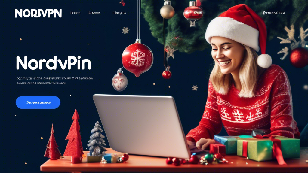 Create an image of a user happily browsing the internet with a laptop displaying the NordVPN logo, surrounded by seasonal holiday decorations, discount tags showing significant percentage-off deals, and a prominent coupon code visible on the screen. The background should feature a calendar with marked long-term subscription plans, emphasizing the savings over time. The overall theme should convey the idea of finding alternative ways to save on NordVPN subscription costs through special deals and promotions.