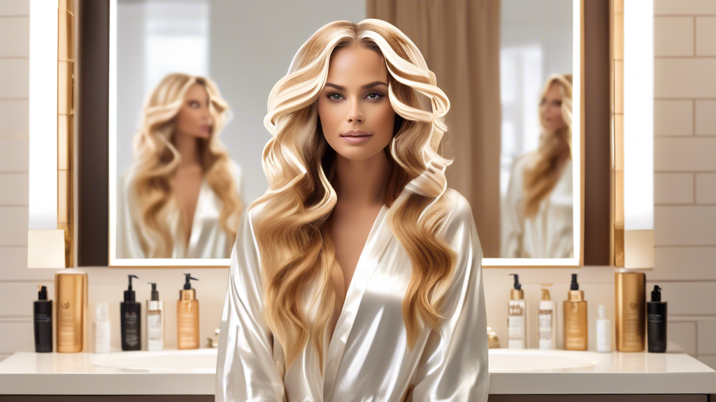 Create an image depicting a woman with perfectly styled blonde caramel foil highlights, currently in a chic bathroom. Surround her with an array of hair care products including color-safe shampoos, conditioners, and hair masks. The bathroom features a bright, airy interior with a mirror reflecting her beautiful highlighted hair, emphasizing the essential hair care tips and the importance of maintaining the blonde caramel foils.