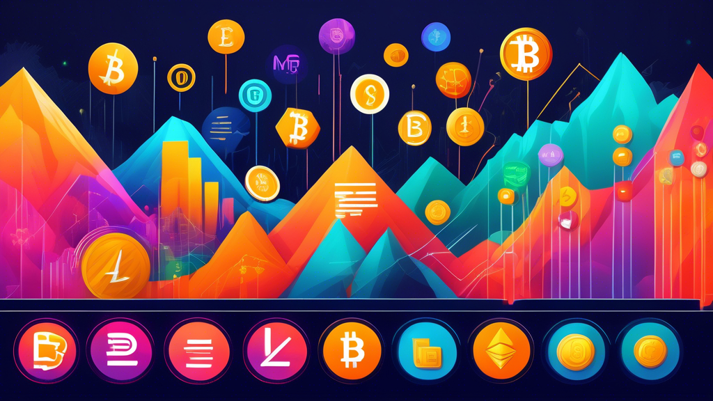 Create an image showcasing a vibrant digital landscape with various cryptocurrencies represented as colorful coins and tokens. In the center, highlight the top cryptocurrencies for maximum returns, featuring iconic logos like Bitcoin, Ethereum, and others, arranged in a visually appealing chart or infographic style. Include upward trending graphs and arrows to symbolize growth potential, along with elements that represent technological innovation and market dynamics, such as blockchain symbols and financial data charts. The overall feel should convey a sense of excitement and opportunity in the crypto market.