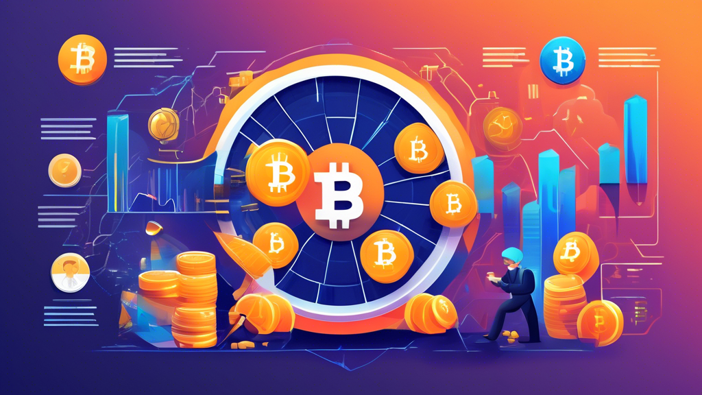 Create an informative and visually engaging illustration that depicts various investment strategies for maximizing crypto profits. Include graphical elements such as bar charts representing long-term vs. short-term gains, a pie chart illustrating diversification in a crypto portfolio, and icons symbolizing risk management (like a shield or safety net). The background should be a digital landscape featuring cryptocurrency symbols like Bitcoin and Ethereum, emphasizing the theme of smart investing in the crypto market. The title 