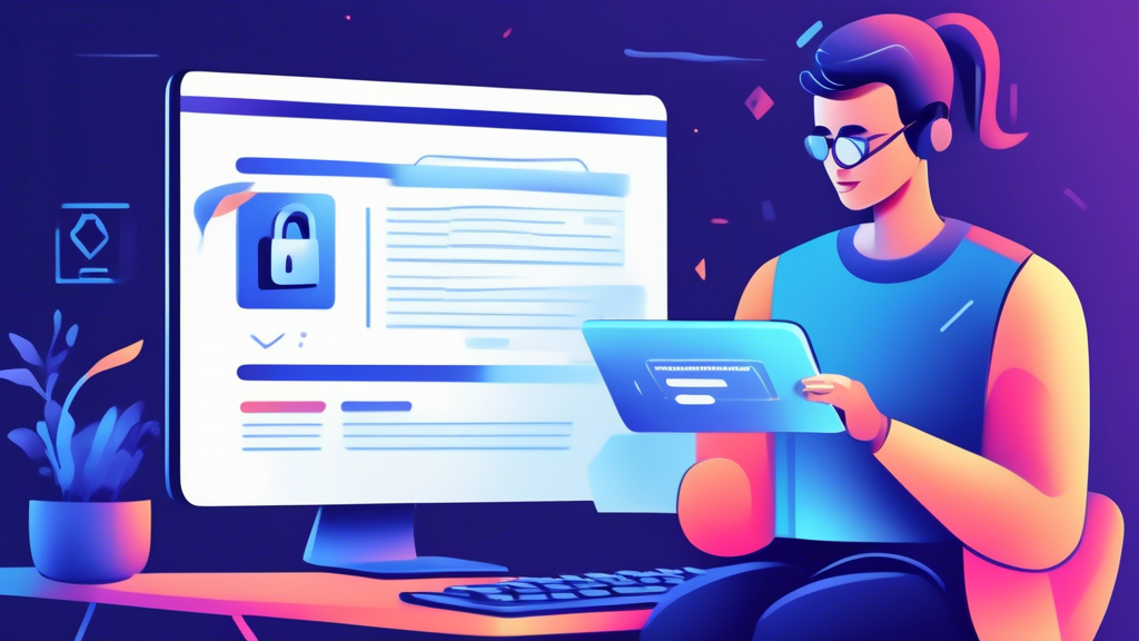 Create a digital illustration showing a person at a computer, thoughtfully examining a list of websites. The screen should display a website with a highlighted Download button, while the person is checking a checklist of criteria next to the computer. Icons for reputable security certifications (like a padlock, shield, or checkmark) can be shown near the computer to indicate trustworthiness. Ensure the scene conveys a sense of caution and responsibility, emphasizing the importance of choosing a reliable source for downloading an unblocked browser. Art style should be clean and modern, suitable for a step-by-step guide.