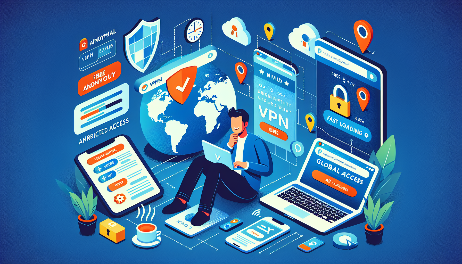 Create an image depicting the main benefits of using Betternet, the free VPN. Show a person browsing the internet on multiple devices (laptop, smartphone, tablet) with visual indicators of enhanced security (shields and padlocks), global access (world maps and location pins), and a seamless user experience (happy expressions and fast loading icons). Include subtle representations of streaming platforms like Netflix and YouTube to show unrestricted content access. All elements should be unified in a clean, modern aesthetic, emphasizing simplicity and effectiveness.