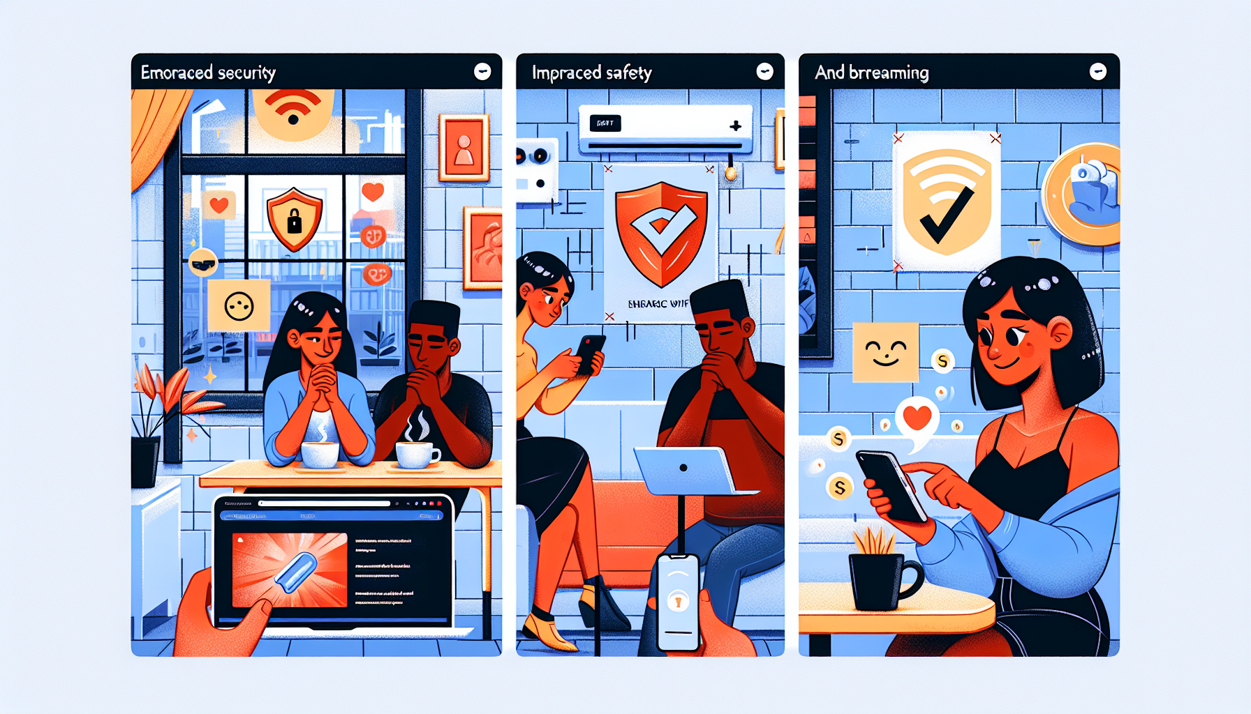 **DALL-E Prompt:** 

Create an image that showcases the common daily uses of Betternet, the free VPN. The scene should be divided into three parts: 

1. The first part shows a person securely browsing the internet in a café using public WiFi, with lock icons and shield symbols indicating security.
2. The second part illustrates someone enjoying a streaming service like Netflix or YouTube at home, with smooth and buffering-free playback.
3. The third part depicts a person browsing a website on their phone without being bombarded by ads, illustrated by crossed-out ad banners and a happy face.

Incorporate a subtle Betternet logo in each part to tie them together. Make sure the image is clean, modern, and conveys the message of enhanced security, streaming, and ad protection.