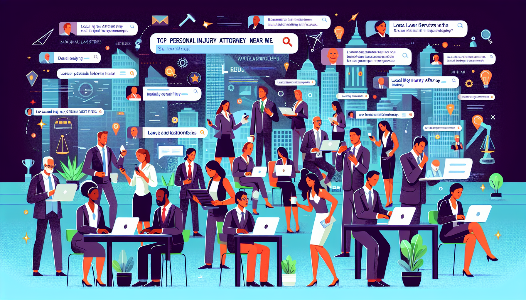 An animated digital image of a diverse group of people using laptops and smartphones, actively searching online for local injury lawyers. The scene includes visual elements like search engine screens displaying phrases like 