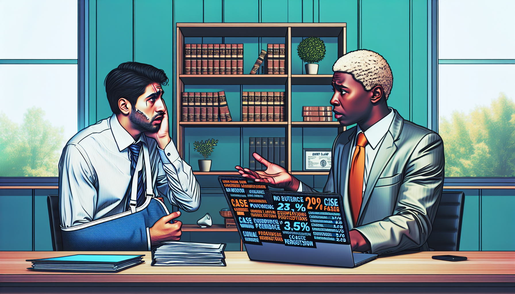 An intense consultation session in a modern law office where a client, visibly stressed with documents in hand, discusses with a highly attentive injury lawyer. The lawyer, experienced and poised, is displaying case success rates and fee structures on a laptop while visually explaining the potential strategies for winning the case. In the background, books on state law rest neatly on a shelf.