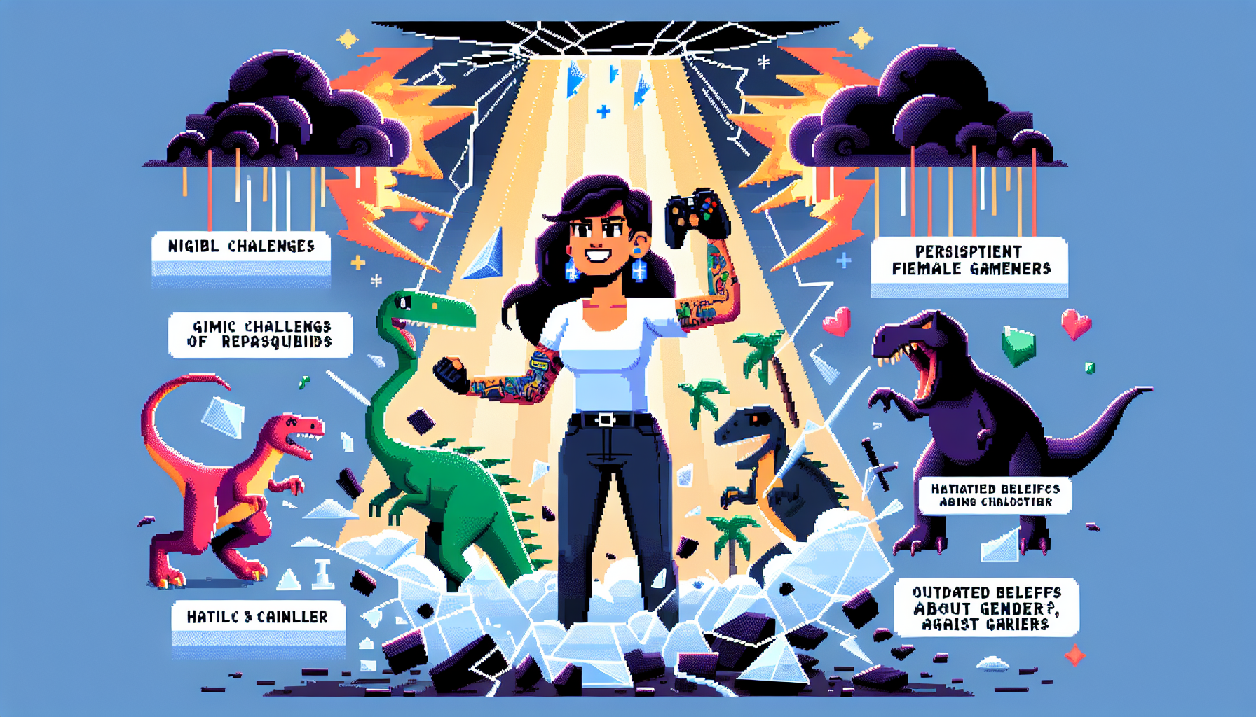 Create an image of a determined female gamer surrounded by visual representations of stereotypical challenges like negative comments and outdated beliefs about gender in gaming. She is holding a game controller like a trophy, and there is a shattered glass ceiling above her, symbolizing breaking through barriers. This image should be vibrant and empowering, emphasizing her victory and resilience in the face of adversity.