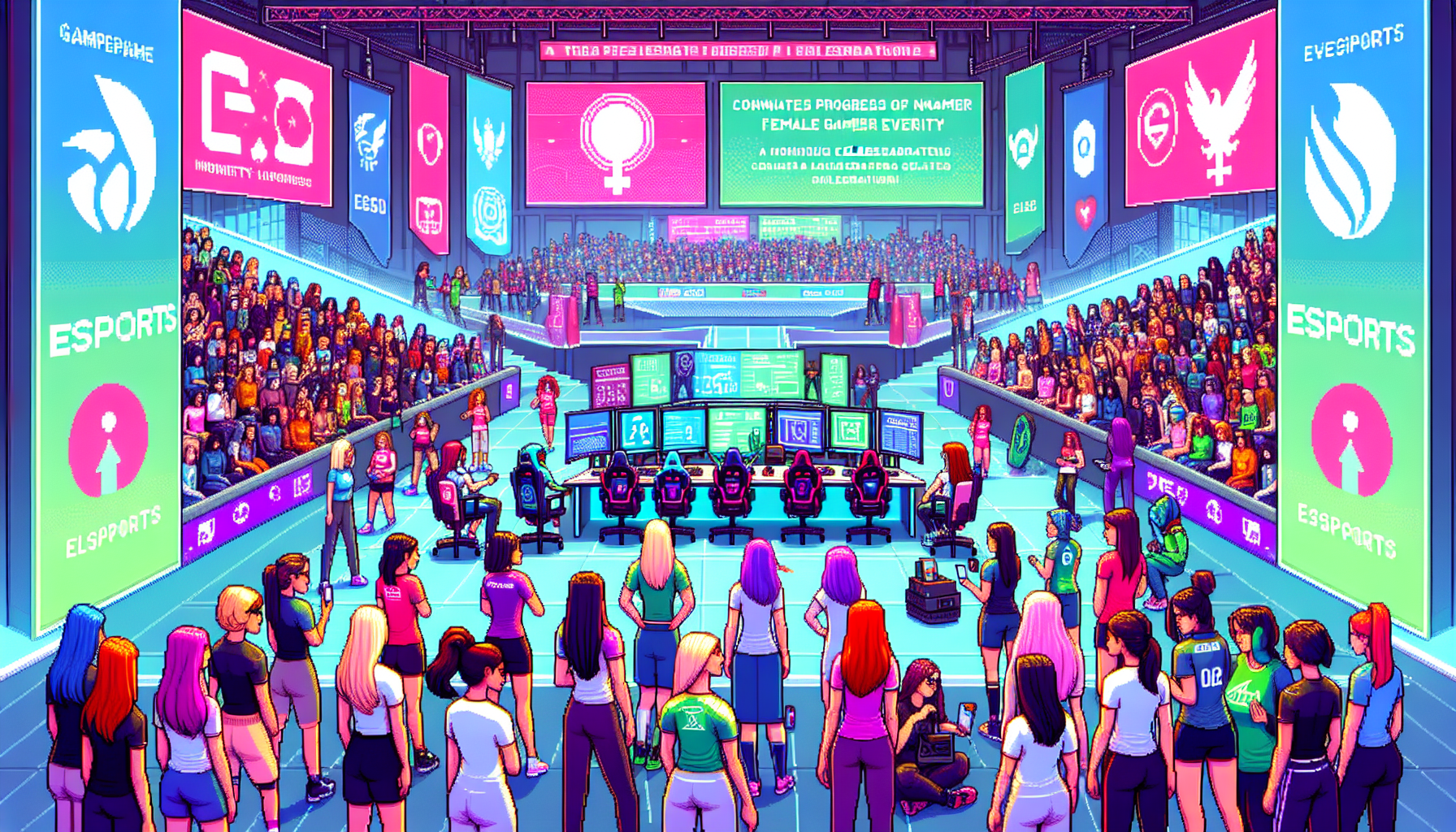 Create an image that depicts the future of female esports, showcasing a diverse and inclusive gaming community. Imagine a vibrant esports arena filled with a mix of female gamers of various ethnicities and ages, unitedly celebrating their passion for gaming. Include banners and posters from organizations and sponsors that actively promote diversity and empowerment in the gaming industry. The atmosphere should be one of excitement, progress, and unity, with elements such as futuristic gaming equipment and holographic screens displaying supportive messages and stats of female gamers