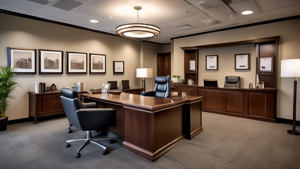 Create an image depicting a modern law office setting with a focus on elements that convey reputation, experience, and client satisfaction. Show a diverse group of lawyers in professional attire, interacting with clients and reviewing case files together. Include visible elements like framed awards and client review plaques on the wall, certificates and legal bookshelves in the background, and a welcoming reception area with a clear Personal Injury Law sign. The scene should exude trustworthiness, professionalism, and competence.