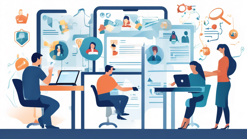 Create an image depicting the process of searching for the best personal injury law firms nearby. The scene should show a person using a computer and smartphone, navigating through online resources like search engines and legal directories. Include icons or elements that suggest social media and review sites. On one side of the room, show the same person engaging with another individual, representing receiving a word-of-mouth referral. Additionally, illustrate a legal office setting in the background to indicate visiting and interviewing potential law firms. Overall, the composition should convey the thoroughness and multi-faceted approach involved in finding a trustworthy personal injury law firm.