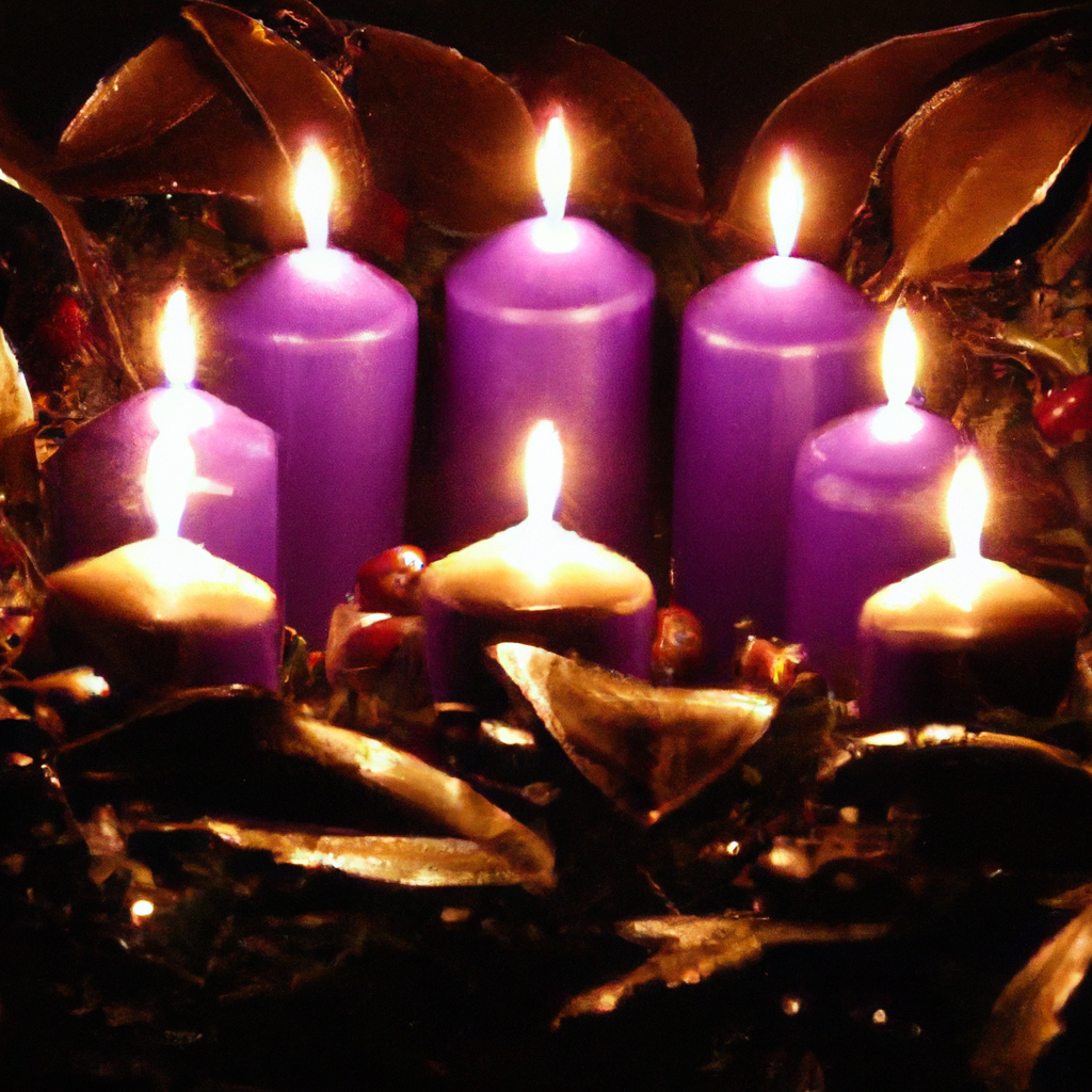 Create an image showcasing four Advent candles in a wreath, each candle a different color. The scene should be cozy and warm, with a soft glow illuminating a winter setting, possibly with snow visible outside a window. Each candle should symbolize its respective meaning: Hope (purple), Peace (purple), Joy (pink), and Love (purple), and the colors should be vibrant, representing their symbolic meanings. A Christian cross should be subtly integrated into the background, highlighting the religious aspect, and small objects or decorations should further enhance the themes of hope, peace, joy, and love.