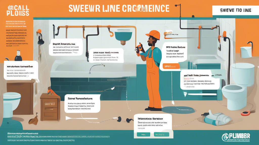 Create an image that represents the decision-making process for when to call a professional plumber for sewer line maintenance. The scene should include a homeowner looking worriedly at a clogged drain, a phone with a plumber