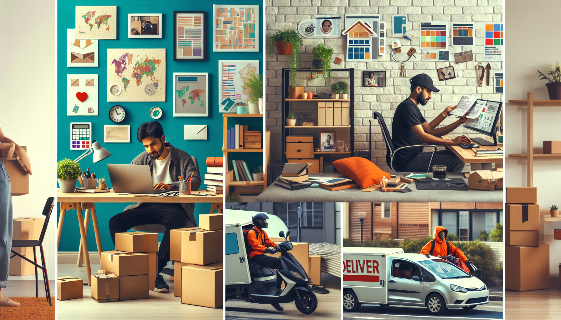 Create an image titled Top Real Side Hustles to Consider. The image should feature a split-screen design showcasing three different segments: 

1. In one segment, depict a freelance writer working on a laptop, with a cozy home office background, piles of books, and some writing tools.
2. In another segment, illustrate a delivery driver in the gig economy, driving a car with a delivery box on the passenger seat, navigating via a smartphone app.
3. The third segment should show an online seller, perhaps taking a picture of a handmade item or packaging products in a creative studio, with platforms like eBay and Etsy open on a computer screen.

Ensure the scene is vibrant and engaging, emphasizing the versatility and real-world applicability of these side hustle options.