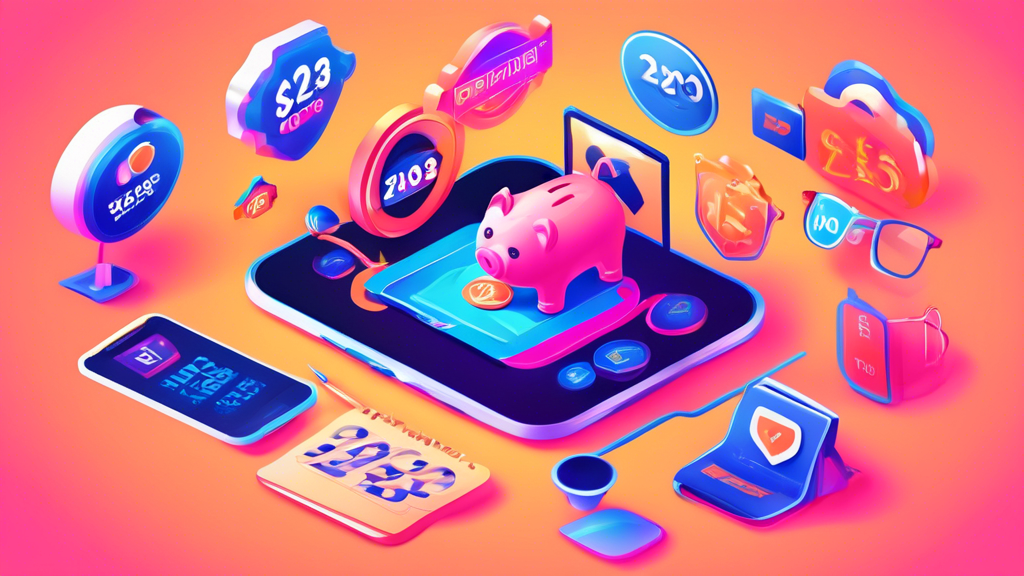Create a high-quality digital illustration depicting a variety of VPN service logos, each with a price tag showing significant discounts. The scene should include a background featuring a calendar marked “2023” and symbols of savings like piggy banks and dollar signs. Use vibrant colors and elements of budget-conscious imagery to convey affordability and great deals. Aim for a modern and clean design, with a focus on the affordability and value offered by these VPN services.