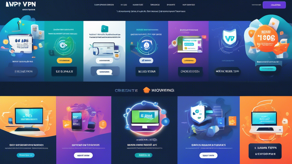 Create an image showcasing an array of limited-time promotions and exclusive VPN offers from leading VPN companies. The image should include visually appealing promotion banners, discount badges, and a step-by-step guide layout that highlights how to claim these exclusive deals. Incorporate icons representing special features such as 