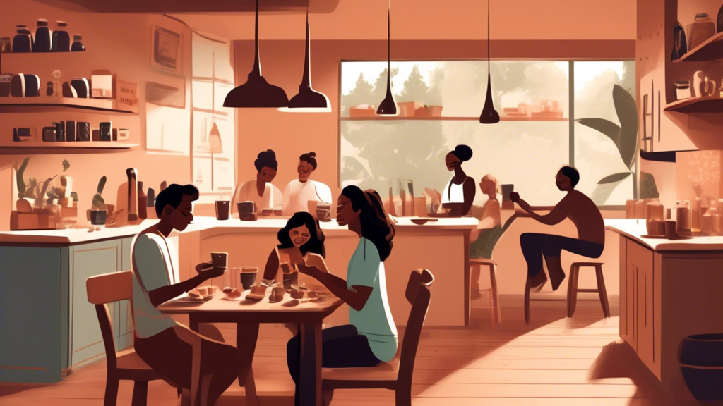 Create an illustration of a serene, modern kitchen setting where a group of diverse people are enjoying brewed cacao. Show them in various states of relaxation and conversation, highlighting the warm, inviting ambience. In the background, include a detailed infographic on a chalkboard detailing the health benefits of brewed cacao, emphasizing its antioxidant properties and mood-enhancing effects. The scene should subtly compare the gentle stimulant effect of theobromine in cacao to the harsher effects of caffeine in coffee, possibly through a split image showing the calming versus jittery body language of the characters.