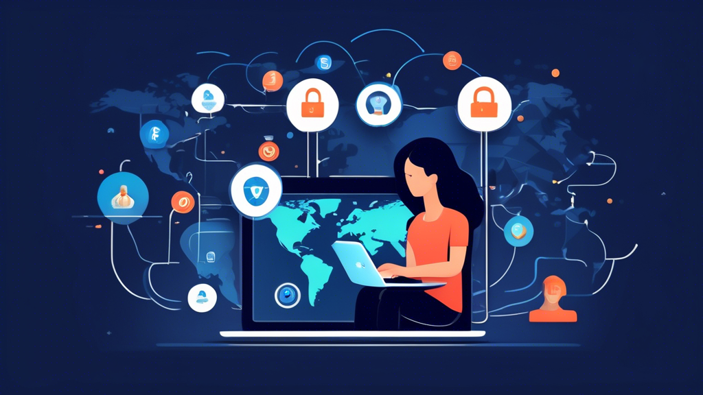 Create a detailed and visually appealing illustration showing a person using a laptop with multiple VPN services displayed on the screen. The backdrop should showcase different geographic locations around the world, signifying the global reach of VPNs. Icons representing internet privacy (like a shield, lock, and key) and a subtle graphic overlay indicating a secure connection should be included. Use a modern and professional design to emphasize the importance of VPNs in ensuring the best internet privacy. Keywords: VPN, best internet privacy, secure connection, global reach.
