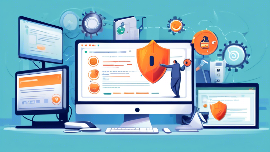 Create a detailed illustration that emphasizes the significance of regularly updating software and tools to maintain the best internet privacy. The image should feature a modern computer desktop displaying a notification for software updates. In the background, stylized icons representing essential privacy tools (like antivirus, firewall, and secure browser) should be visible. A character actively clicking to update the software adds a human touch, surrounded by symbols of security such as locks, shields, and check marks to highlight the enhanced security resulting from updates. The overall message is to convey the importance and proactive nature of keeping software and tools current for optimal internet privacy.
