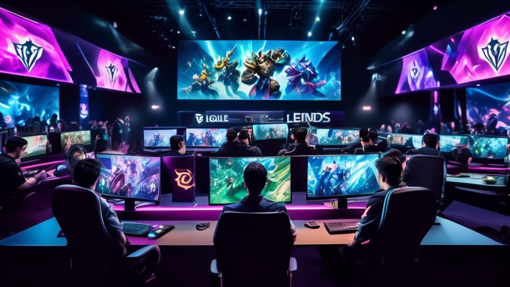 Create an image that captures the bustling business world behind League of Legends (LOL) tournaments. Show a dynamic scene with esports team managers in sleek, modern offices negotiating sponsorship deals with representatives from major global brands. Highlight elements like branded merchandise, large screens displaying in-game action, and charts showing revenue growth. The atmosphere should exude energy, collaboration, and the high economic stakes of the esports industry.