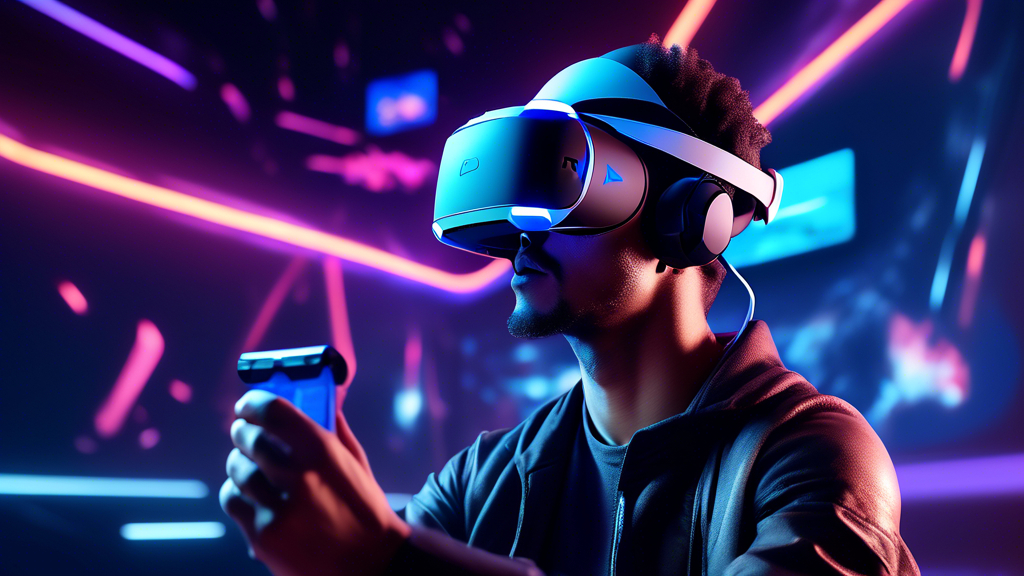 Create an image that showcases a gamer immersed in an intense virtual reality scene while using the PlayStation VR 2 headset, connected to a PS5. The background should depict a vivid, futuristic gaming environment with high-detail graphics, complemented by dynamic visual effects that emphasize the advanced technology and seamless gameplay integration. The person should appear engaged and excited, embodying the enhanced gaming experience made possible by the synergy between PlayStation VR 2 and PS5.