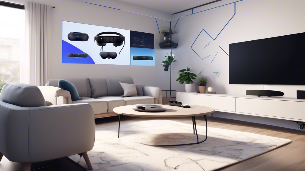 Create an image illustrating a step-by-step guide for setting up PlayStation VR 2 with a PS5. The visual should include a PlayStation VR 2 headset, a PS5 console, cables, and controllers clearly labeled with numbers and arrows to show the connection process. The background should feature a cozy, modern living room setup with a TV and a comfortable sofa. Include text overlay for tips on optimizing settings and troubleshooting. Highlight the ease of use and emphasize the keyword 