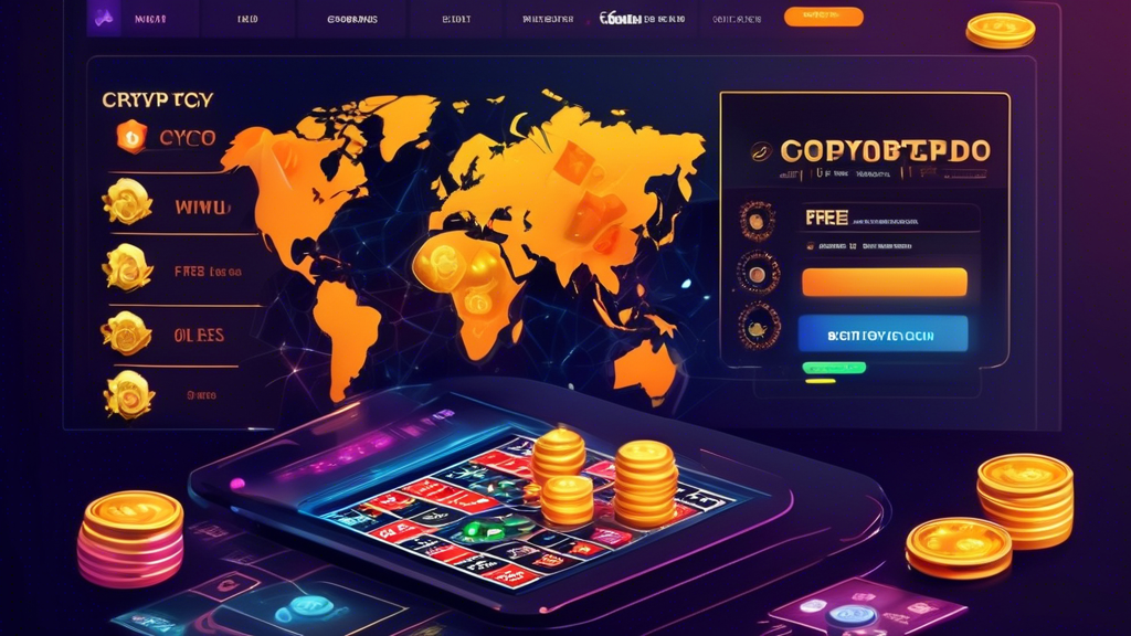 Create an image that illustrates the cost-efficiency and accessibility of a free crypto casino. The image should feature a sleek, modern digital casino interface with various games displayed. Highlight the ease of transactions by showcasing cryptocurrency symbols like Bitcoin and Ethereum clearly. Add visual elements like a world map to emphasize cross-border accessibility, and incorporate icons representing zero transaction fees and the concept of free play. Use bright, inviting colors and futuristic design elements to attract a broad audience and convey the benefits of learning and playing without financial risk.
