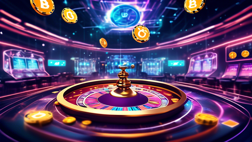 Create an image of a futuristic online casino interface with shining blockchain links and cryptocurrency symbols in the background. Show players experiencing instant transactions depicted by rapid motion graphics, and include elements that illustrate 