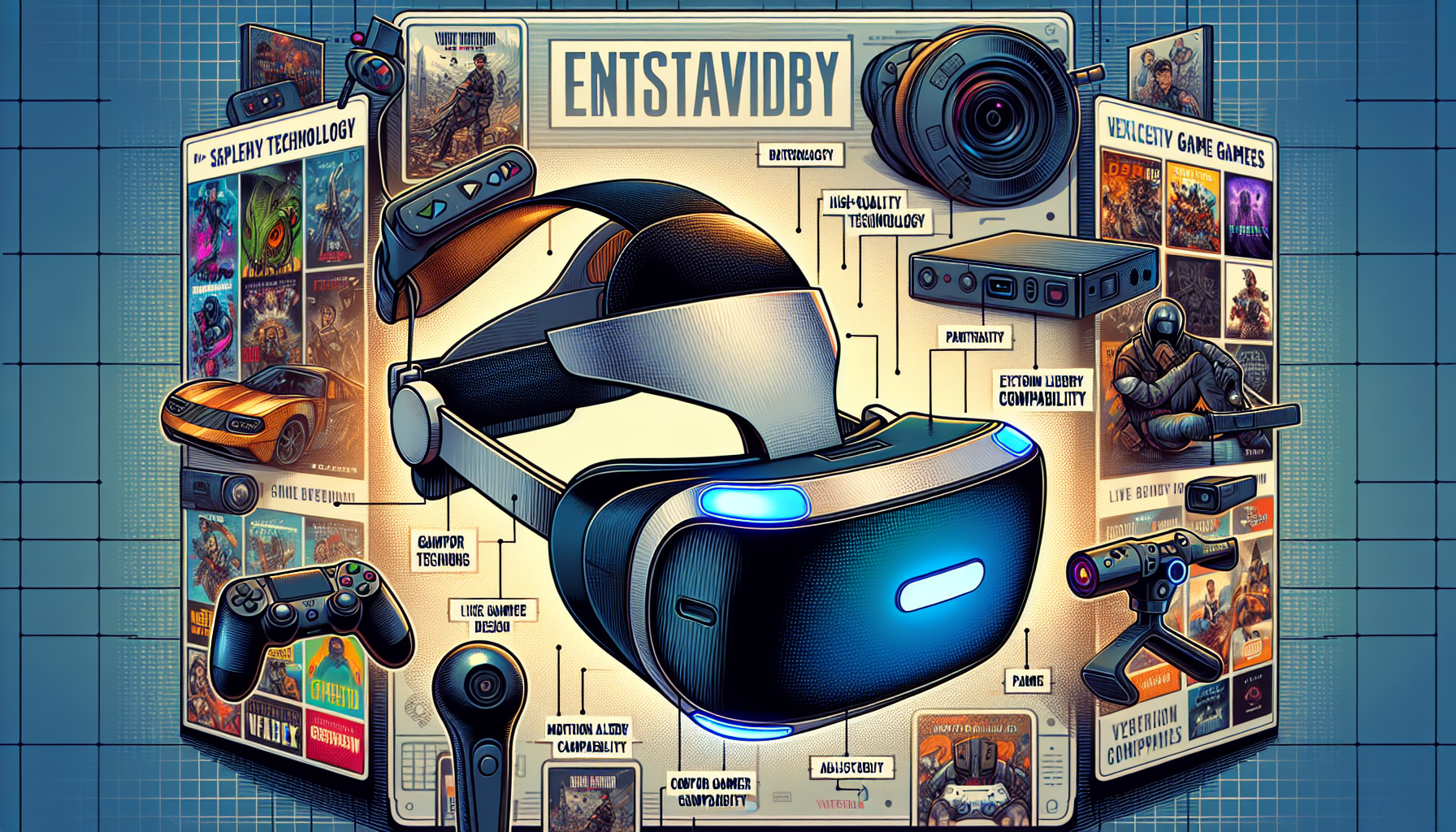 Create an image that showcases detailed features of the PlayStation 4 VR headset. Display a close-up of the headset with an emphasis on the high-quality display technology and lens, highlighting the comfort design like padding and adjustability. Include elements of the PlayStation Camera and Move controllers, and show a variety of popular PS4 VR game covers in the background to illustrate the extensive game library and compatibility. The scene should be futuristic and immersive, reflecting the cutting-edge nature of the VR experience. Keywords: PlayStation 4 VR headset, display technology, lens quality, in-built audio, tracking, PlayStation Camera, Move controllers, game library.