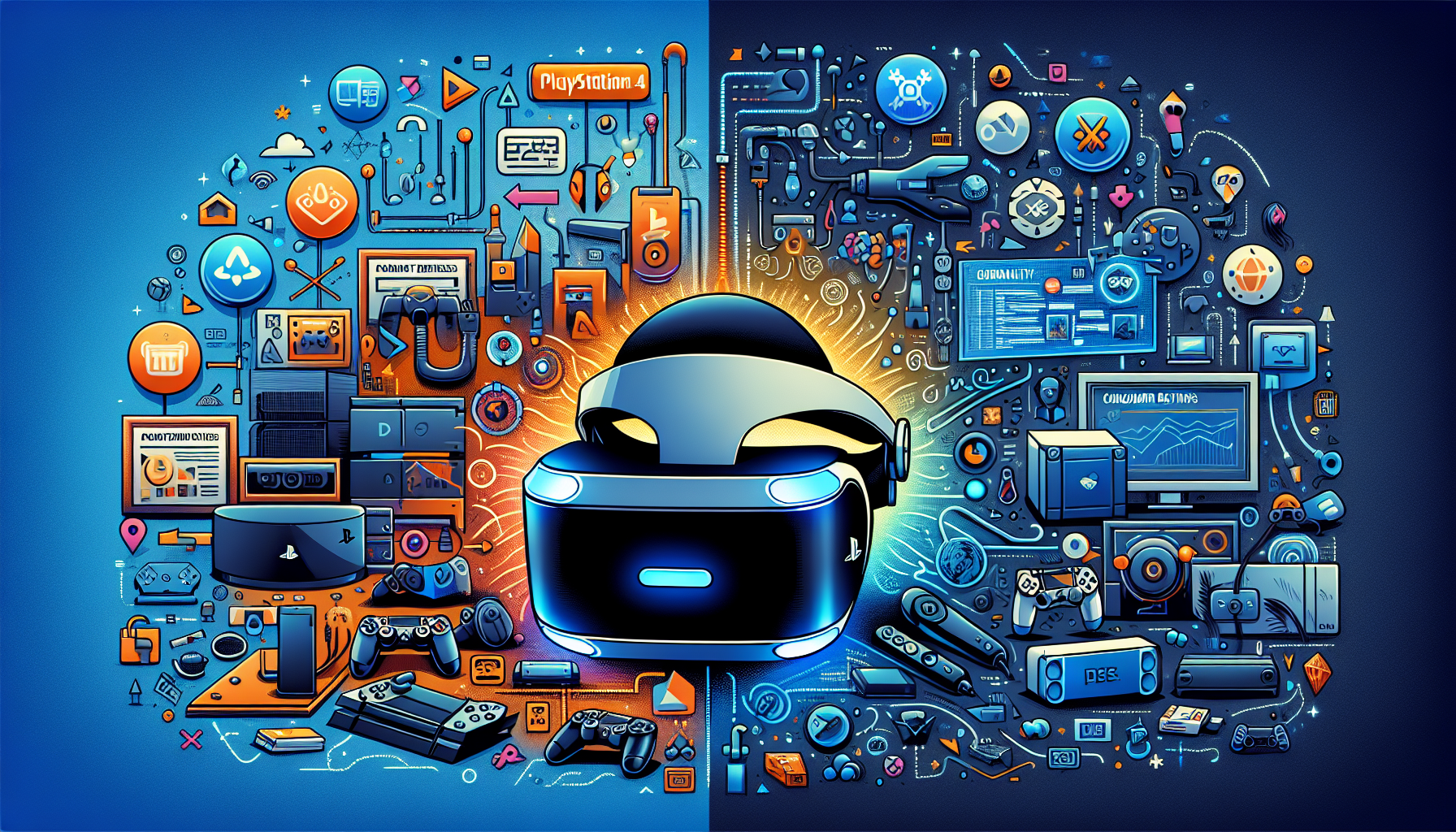 Create an image that showcases a split-screen comparison between the PlayStation 4 VR headset and other popular VR headsets in the market. On the left side, highlight the PlayStation 4 VR headset with annotations showing its unique advantages, such as ease of use, game library, and affordability. On the right side, feature other VR headsets, pointing out their notable features and potential drawbacks. Include a balanced mix of consumer review quotes and market reception graphics at the bottom.