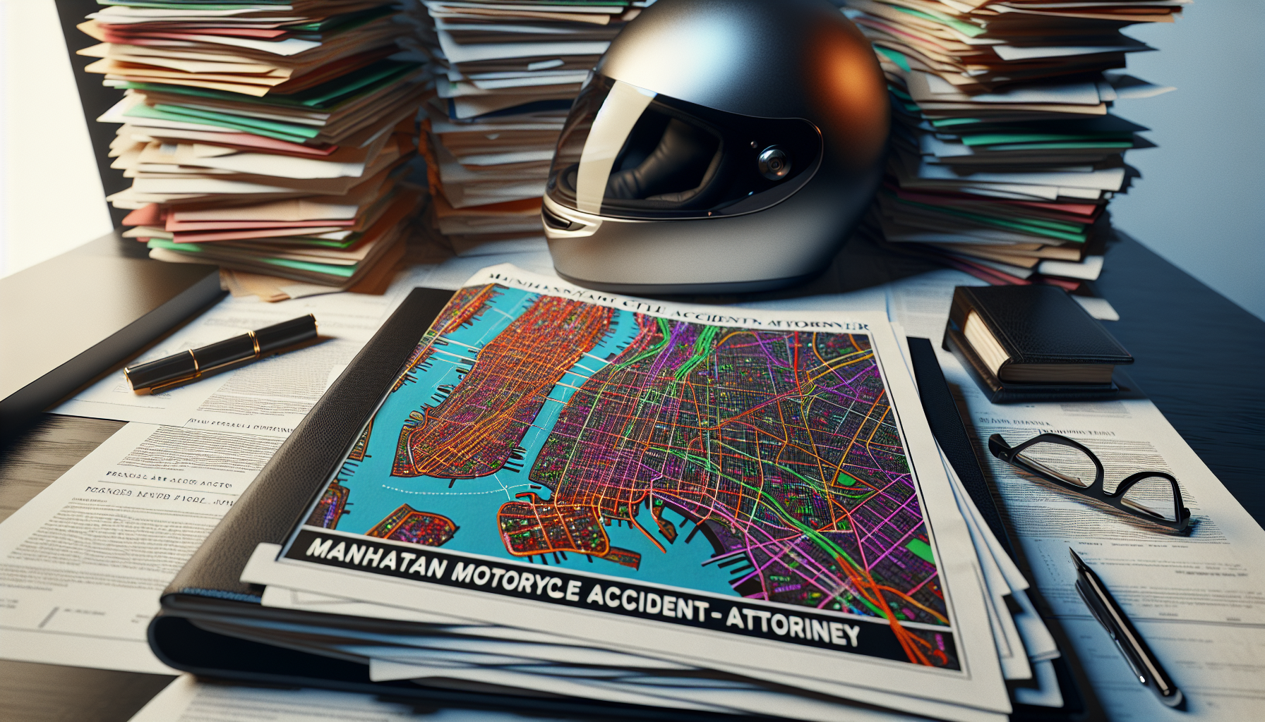 Close-up of a detailed, cluttered desk showing a pile of legal documents, a Manhattan street map highlighting accident hotspots, and a motorcycle helmet, symbolizing a Manhattan motorcycle accident attorney