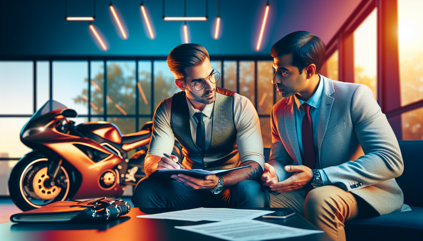 An engaged client sitting across from a focused Manhattan motorcycle accident attorney in a modern, well-lit office during an initial consultation. The attorney is reviewing documents provided by the client, outlining the strategy for the motorcycle accident claim. Visuals emphasize the professional and supportive environment, highlighting the attorney