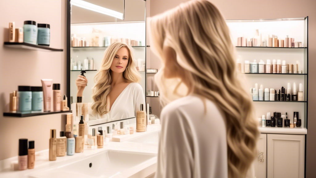 Prompt: An elegantly styled bathroom scene featuring a woman with beautiful blonde foil highlights, standing in front of a well-lit mirror. She is in the middle of her hair care routine, using high-quality hair products. Shelves in the background display an array of recommended hair care products, such as color-safe shampoos, conditioners, and leave-in treatments. The overall ambiance is chic and sophisticated, highlighting the importance of maintaining blonde foil highlights with the right care and products.