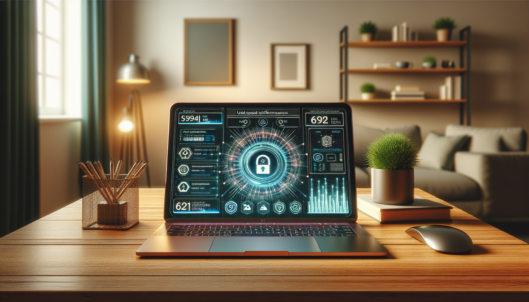 Create an image that depicts a sleek MacBook on a modern wooden desk, displaying a user-friendly interface of a VPN application. The MacBook screen shows bars representing high-speed internet performance, while icons for advanced security features like encryption protocols and a kill switch are visible. In the background, the room has soft lighting, a potted plant, and minimalist decor, giving a professional yet cozy ambiance. The overall feel should be of advanced technology seamlessly integrated into daily use.
