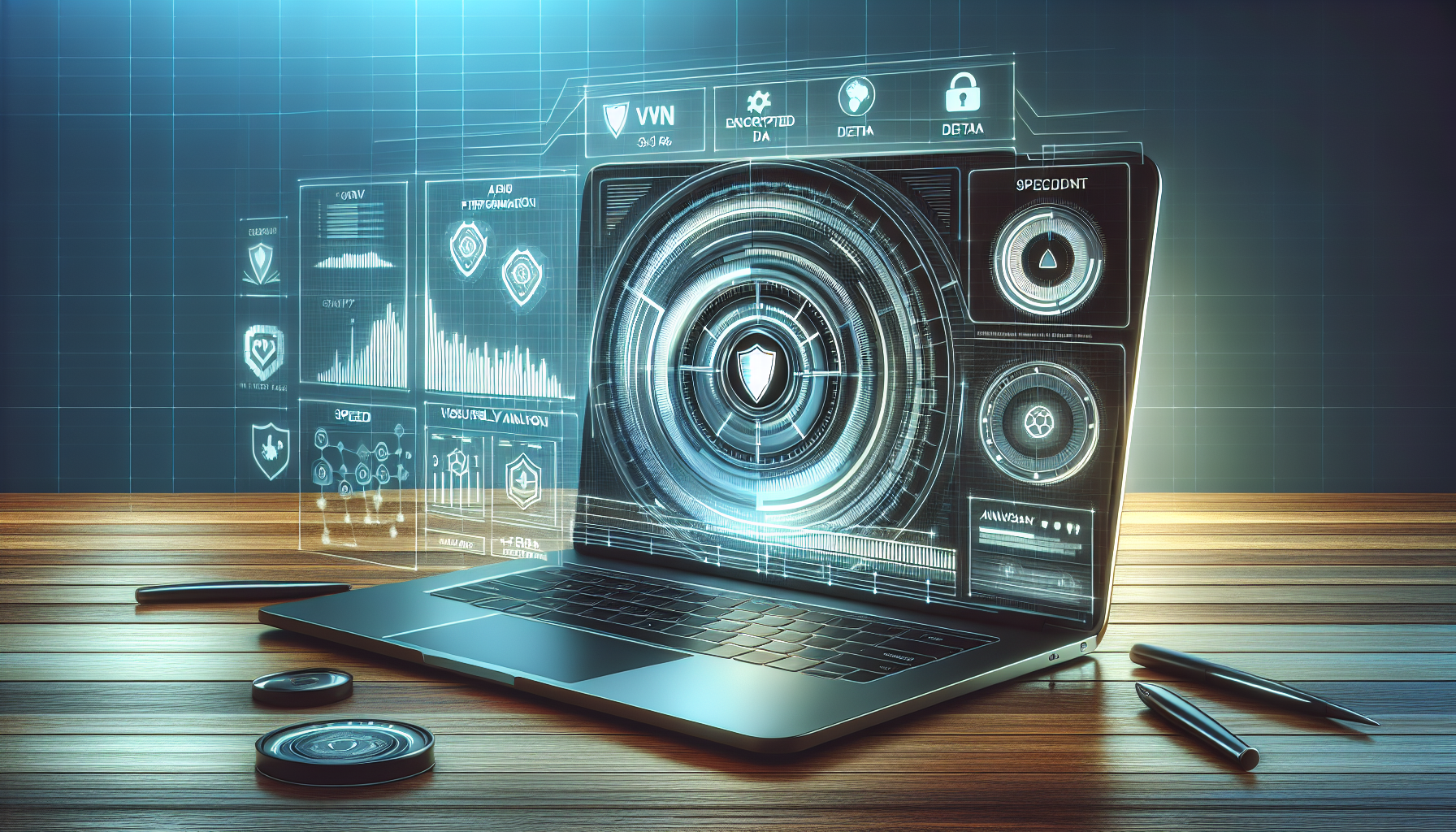 Title: Las Mejores VPNs para MacBook en 2023

DALL-E Prompt: Create an image of a sleek MacBook on a modern wooden desk. On the screen, display icons of popular VPN services such as NordVPN and ExpressVPN with a graphical interface showing bars of performance metrics. Include elements like speed tests, encrypted data icons, and a comparison chart. In the background, add subtle symbols of security like shields, and ensure the environment is clean and tech-oriented.