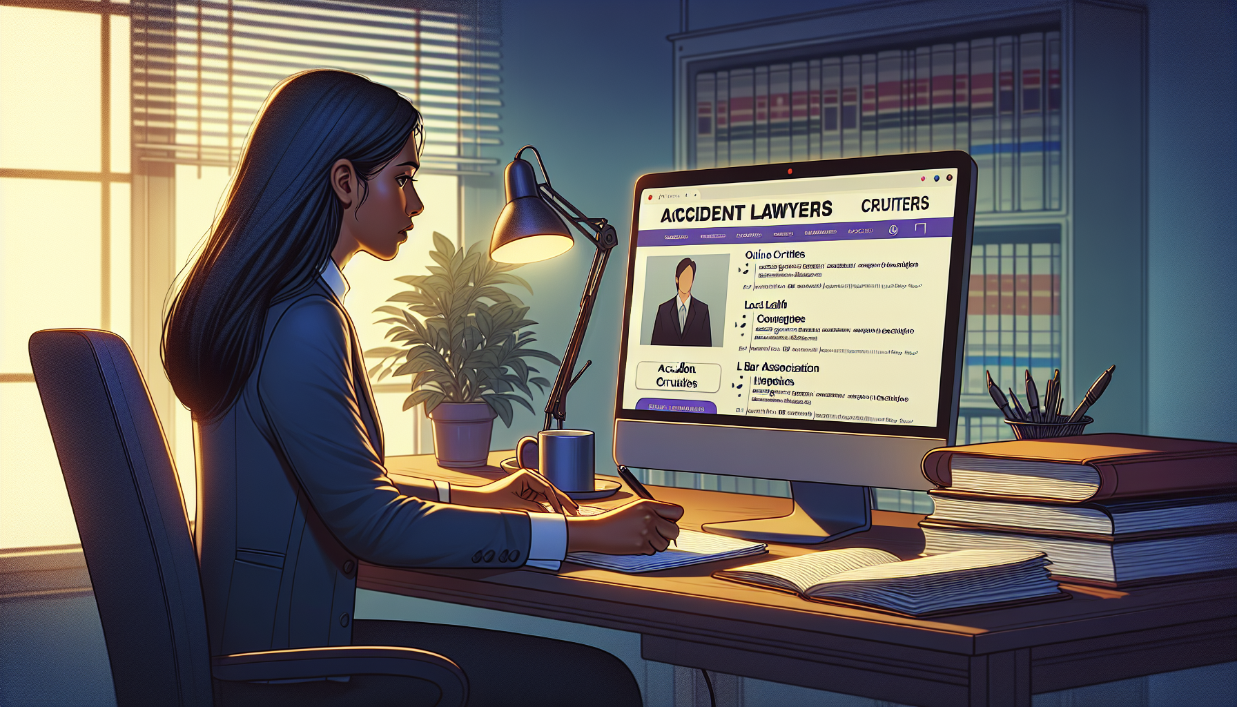 DALL-E prompt: An attentive person researching potential accident lawyers on a computer in a serene home office setting. The screen displays multiple tabs open with online reviews and state bar association websites. Nearby, there