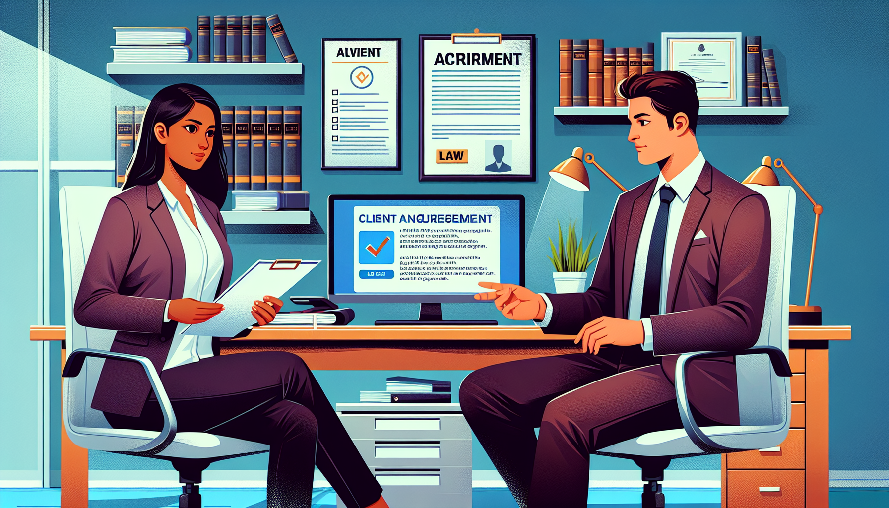 An image of a focused client sitting in a well-organized lawyer