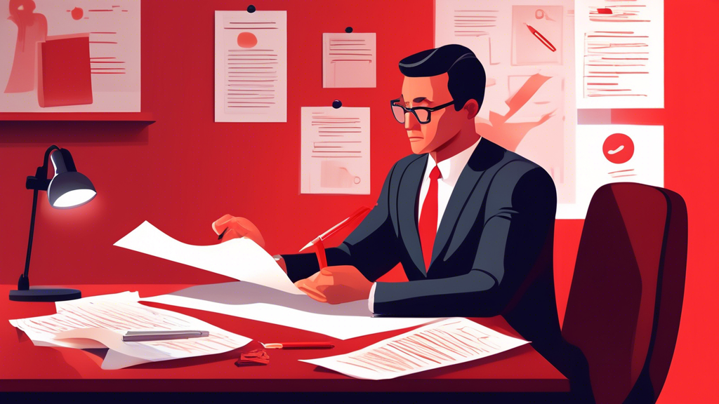 Create an image depicting a person sitting at a desk, reviewing notes and questions during a consultation with a personal injury lawyer. The scene should include visual elements that represent discussion topics like strategy and fee structure, and have subtle indicators of red flags like a 