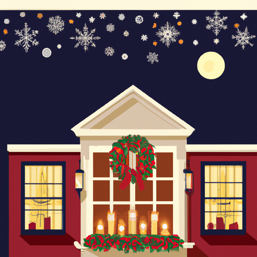 A cozy evening scene of a classic suburban home festively decorated for Christmas. Each window has a glowing Christmas window candle, arranged harmoniously and complemented by lush wreaths and colorful garlands. The candles cast a warm, inviting light that enhances the home