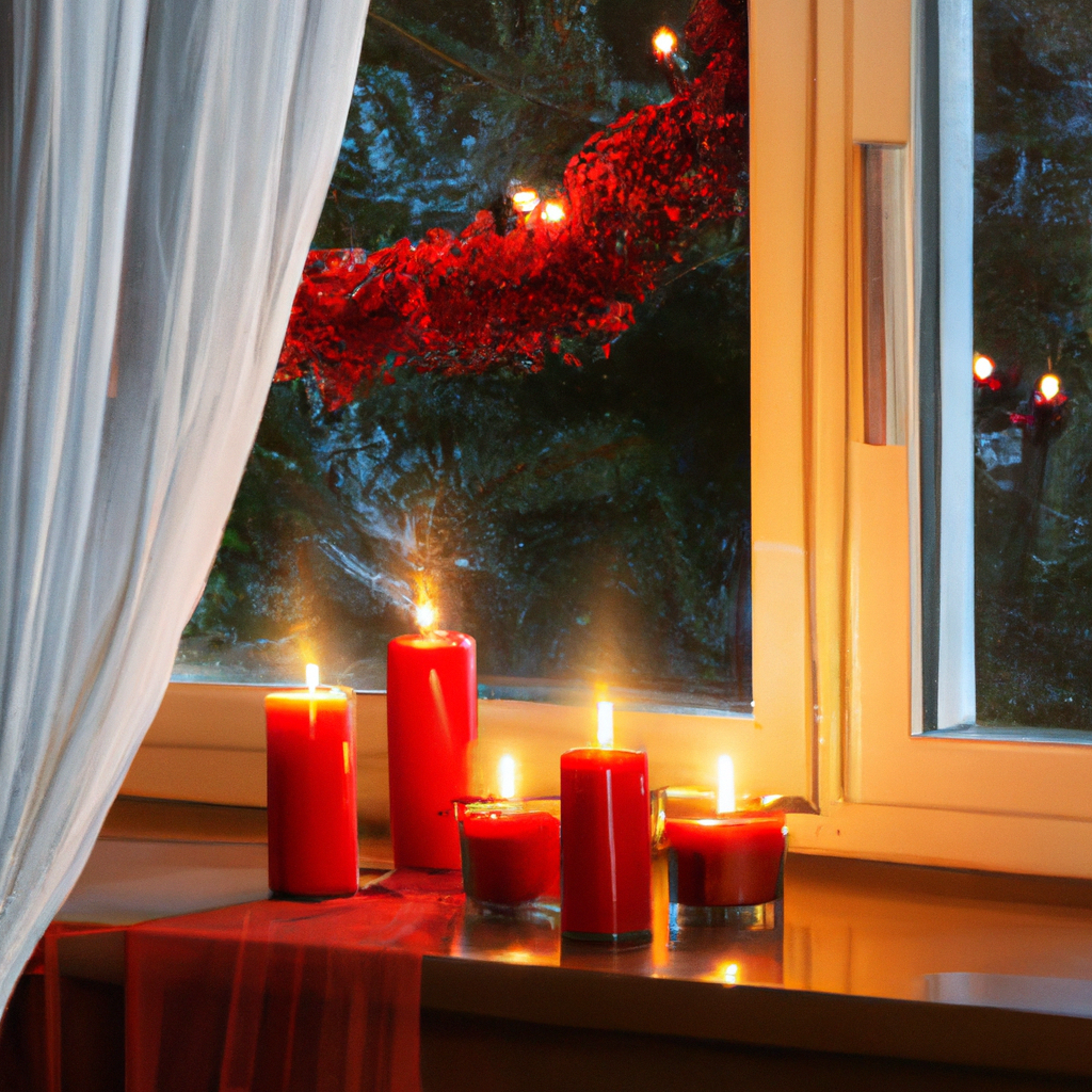 Create an image that showcases a cozy and festive living room decorated for Christmas, focusing on a window adorned with Christmas window candles. The candles, electric or open-flame, are securely placed on the windowsill, emitting a warm glow. Alongside the candles, provide visual cues for safety, such as a fire extinguisher nearby, and unobstructed curtains to avoid fire hazards. The image should inspire warmth and safety, capturing the essence of a worry-free holiday atmosphere.