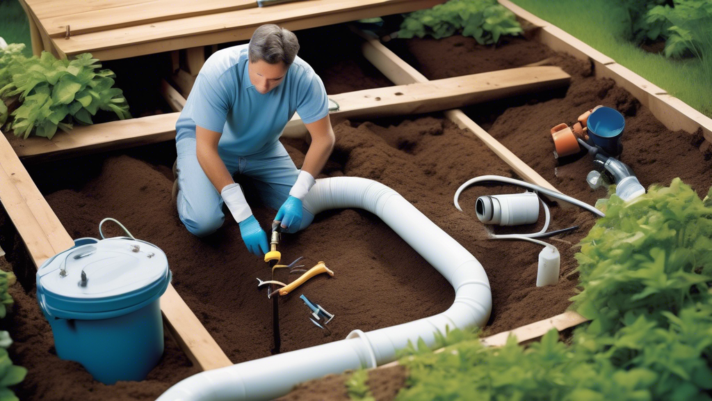 Create an image of a homeowner in their backyard, equipped with gloves and tools such as a wrench, repair tape, and PVC pipes, while attentively examining a section of exposed septic piping. The scene should include a laid-out collection of repair materials, a safety mask, and a user manual or guidebook on septic pipe repair, emphasizing a step-by-step DIY approach. Subtle details like surrounding garden elements and sunlight will lend a realistic and approachable touch to the scene.