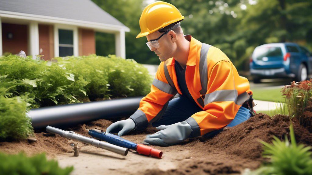Create an image showing a trained professional inspecting a septic pipe system with specialized tools. The scene should reflect a residential setting, with the professional wearing safety gear, including gloves and safety glasses. The professional is examining the pipe carefully, with a nearby toolbox containing various plumbing tools to emphasize expertise and readiness. In the background, display a home and some greenery, indicating it’s a homeowner’s property. The mood should be serious and professional, highlighting the importance of expert intervention in septic pipe repair.